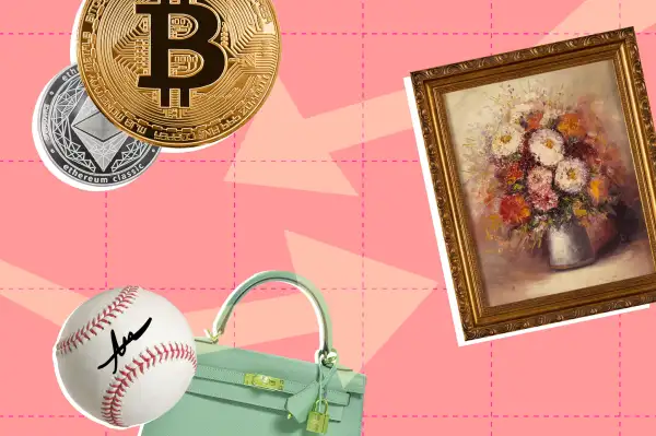 Photo collage of a painting, handbag, signed baseball , a Bitcoin and a Ethereum coin.