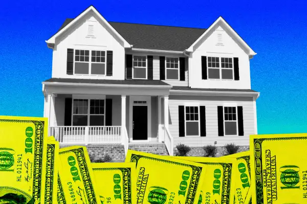 Photo collage of a suburban house with dollar bills