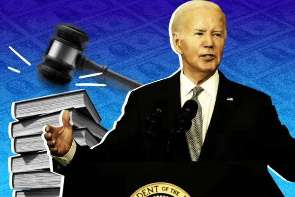 Photo collage of Joe Biden , with a stack of books and a gavel in the background