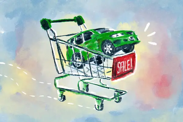 Illustration of a car for sale inside a shopping cart