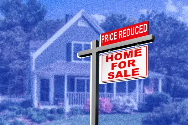 Photo collage of a sign  Home for Sale, Price Reduced  in-front of a suburban house