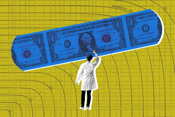 Photo-illustration of a person in medical coat reaching for a bandaid made of money