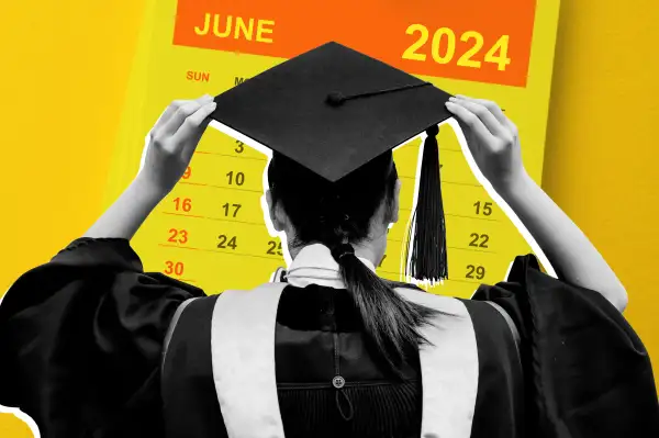 Photo collage of a student in graduation cap and gown, from behind, with a June 2024 calendar in the background