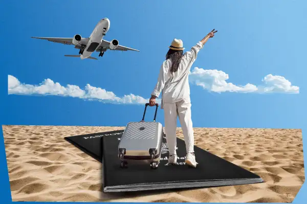 Photo collage of a woman with a luggage standing on a giant passport on top of sand with an airplane in the background
