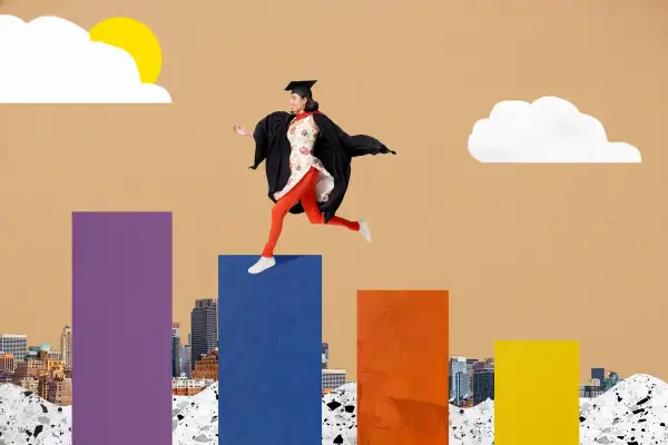 Collage of female graduate leaping on top of bar graphs