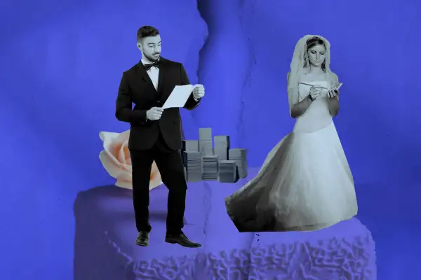 Photo collage of a married couple standing on top of a wedding cake holding divorce papers