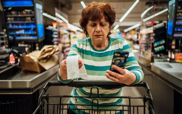 Woman looking at a receipt and her phone at a supermarket