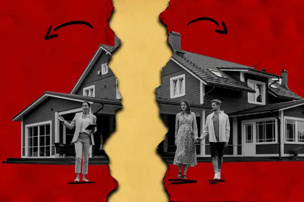 Photo collage of an image split in two of a real estate agent showing a suburban house to a couple