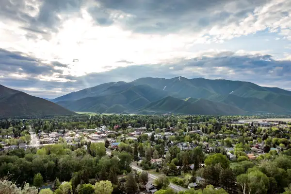 Aerial view of Hailey, Idaho. Little town in valley seen from Carbonate Mountain