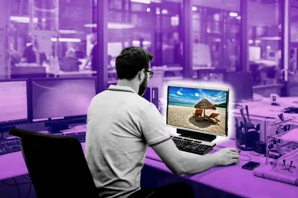 Photo collage of a man in an office looking at a computer with a beach photo