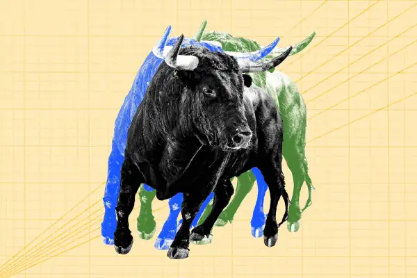 A bull with an increasing graph in the background