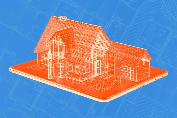 A house blueprint coming out of a tablet.