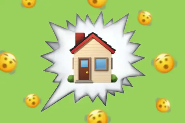 Emojis of a house in a speech bubble with blurred emoji faces in the background.