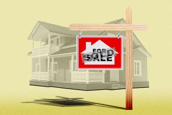 Photo Illustration of a house with a  For Sale  sign with a faded  Sold  sign on top