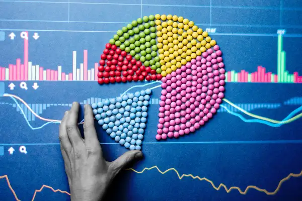 Photo collage of a hand holding a section of a pie chart with stock chart in the background