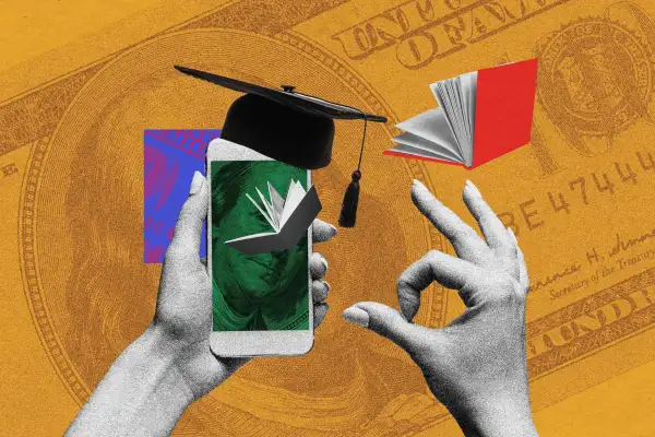 Graphic image of two hands holding a cell phone with a mortarboard on top of it, a hundred dollar bill in the background and a flailing red book in background.