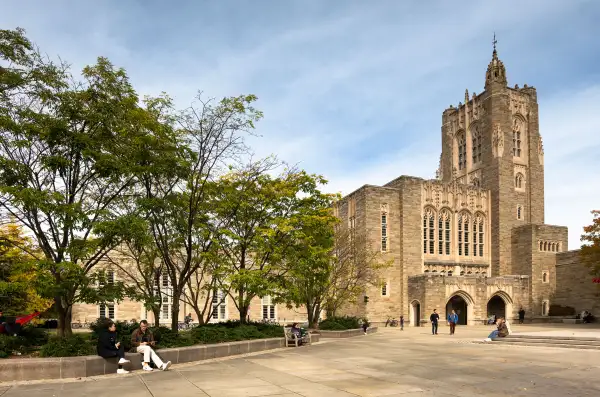 Students outside of the Firestone Library at Princeton University