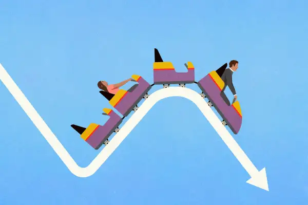 Illustration of two people riding a stock arrow as if it were a rollercoaster