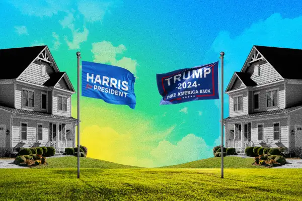 Photo Collage of two suburban houses. One with a  Harris for President  Flag and the other with a  Trump 2024  Flag in the front yard.