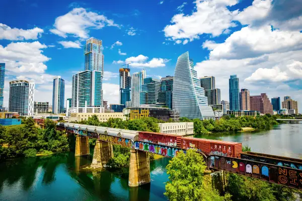 Graffiti Bridge Aerial Drone View over Austin during a Gorgeous Day