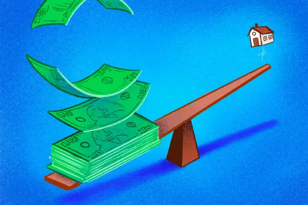 Illustration of a stack of dollars falling on a see-saw where there's a house at the other end