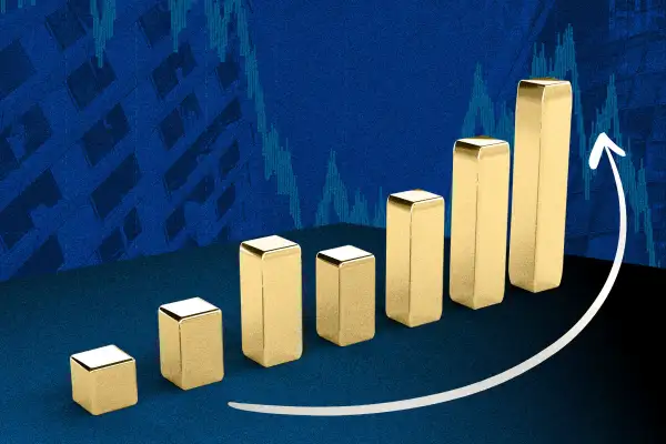 Photo collage of gold bars in an ascending graph with stock lines in the background