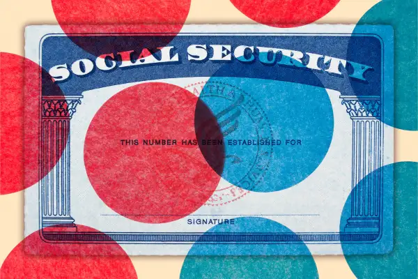 Social Security card with overlapping red and blue circles on top.