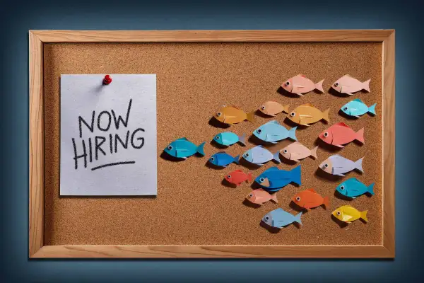 A job posting bulletin board where many paper fish fight for one single job posting