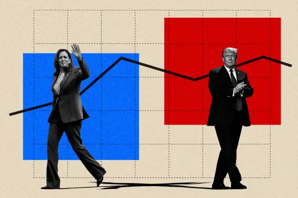 Photo collage of presidential Candidate Kamala Harris and Donald Trump with a stock market arrow in the background