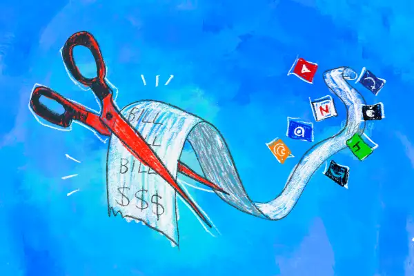 Illustration of a long bill of streaming services being cut by some scissors