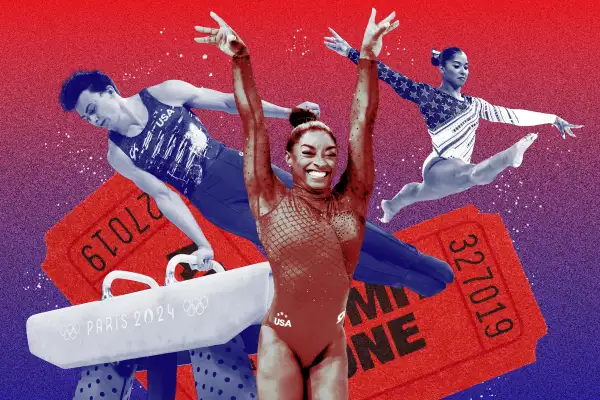 Photo Collage of Simone Biles, Jordan Chiles and Stephen Nedoroscik in the 2024 Paris Olympics with two admission tickets in the background