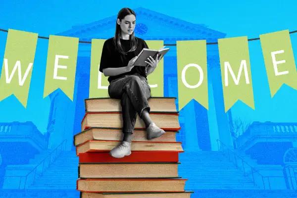 Photo collage of a student reading a book sitting on top of a stack of books, with a welcome sign and a college building in the background