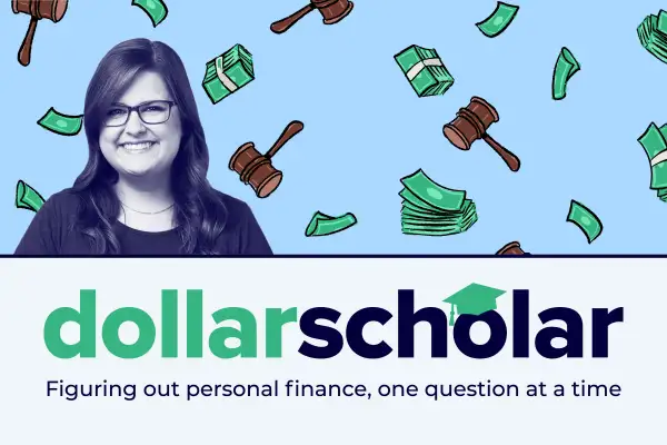 Dollar Scholar banner featuring gavels and money stacks