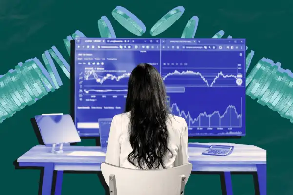 Photo-collage if a woman at desk with finance graphs and money