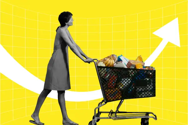 Photo Illustration of a woman pushing a grocery cart full of food, with an ascending arrow in the background