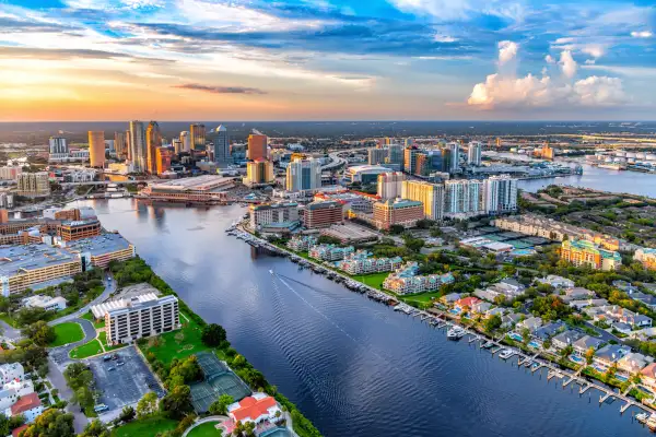 Aerial view of downtown Tampa, Florida from over the Seddon Channel with a clear view of Harbour Island