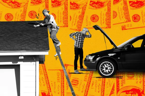 Photo Collage of a man repairing a roof and another man looking under the hood of his car, with multiple hundred dollar bills