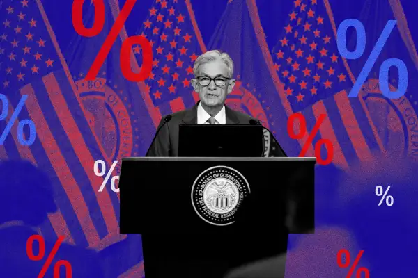 Photo Illustration of Jerome Powell with multiple percentage signs in the background