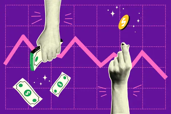 Photo collage of two hands holding money with a stock chart in the background