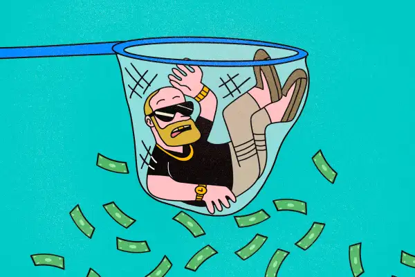 Illustration of a wealthy tax dodger being trapped in a net by the IRS