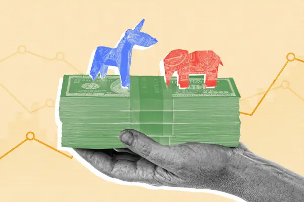 Photo-illustration of a hand holding a stack of money with origami money donkey and elephant sitting on top. Stock graphs in the backgrounf