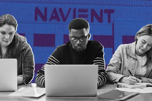 Photo Collage of college students working on their computer with a Navient building in the background