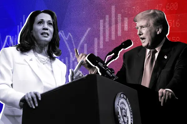 Photo collage of Kamala Harris and Donald Trump speaking at podiums with stock chart in the background