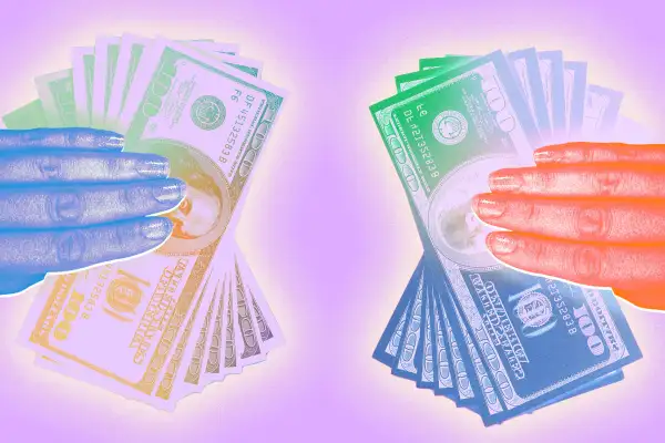 Photo-collage of colorful hands holding money