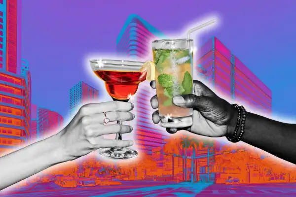 Photo collage of two hands holding cocktail drinks, with an apartment complex in the background