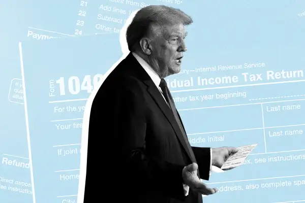 Photo Collage of Donald Trump with a 1040 Tax form in the background