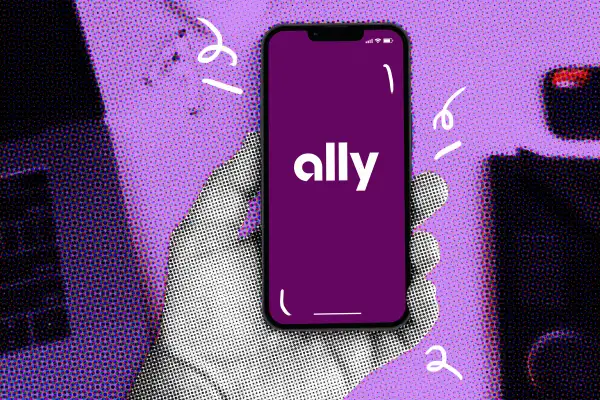 Photo of a hand holding a smartphone with the Ally Bank Logo