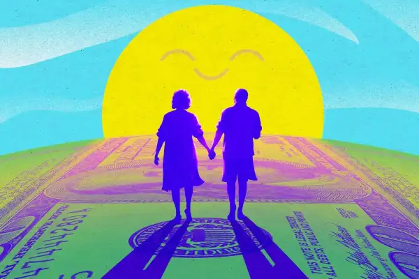 Graphic image of silhouette of a man and woman walking into the horizon, bright sun ahead and money beneath their feet.