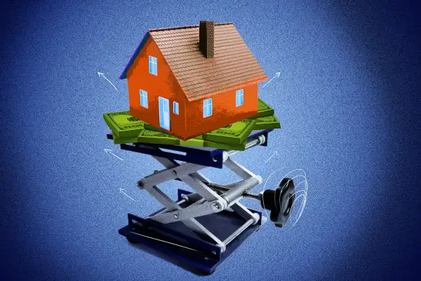 Photo Illustration of a Scissor Jacks lifting up a stack of money and a house