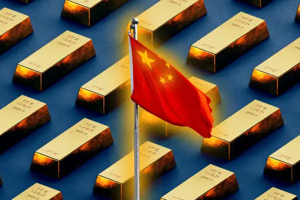 Photo collage of a Chinese flag with multiple gold bars in the background